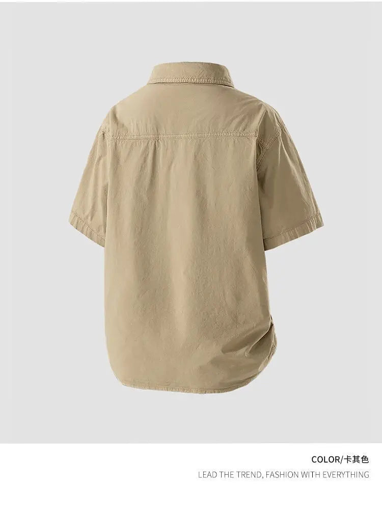 Workwear shirt for men summer loose and casual short-sleeved men American retro lapel coat trendy brand outdoor wear