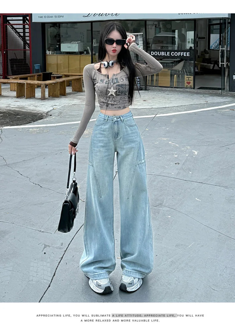 High Waisted Wide Leg Jeans Women Cotton Retro Denim Y2k Loose Fashion Design Sense Pant Streetwear Baggy Straight Trouser Woman