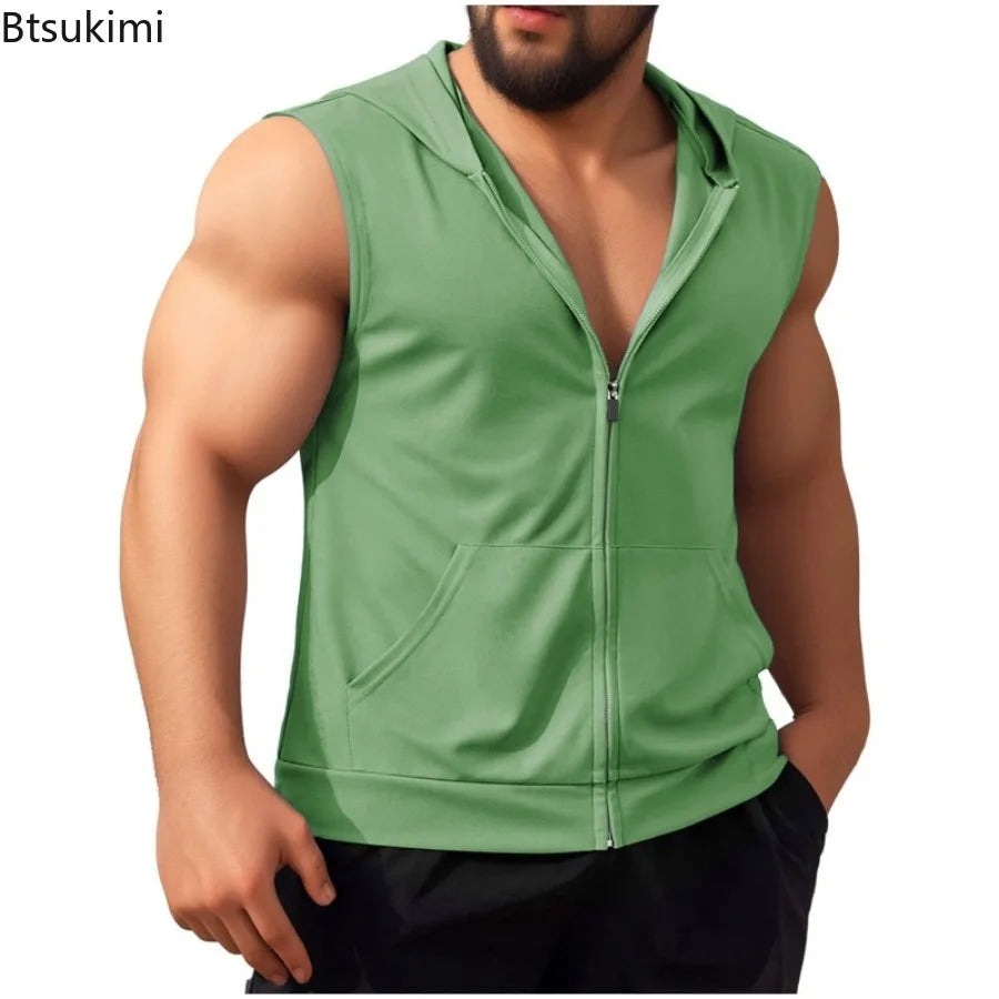 Summer New Men's Workout Hooded Tank Tops Zip-up Sleeveless Gym Bodybuilding Tees Muscle Tops Male Streetwear Casual Sweatshirts