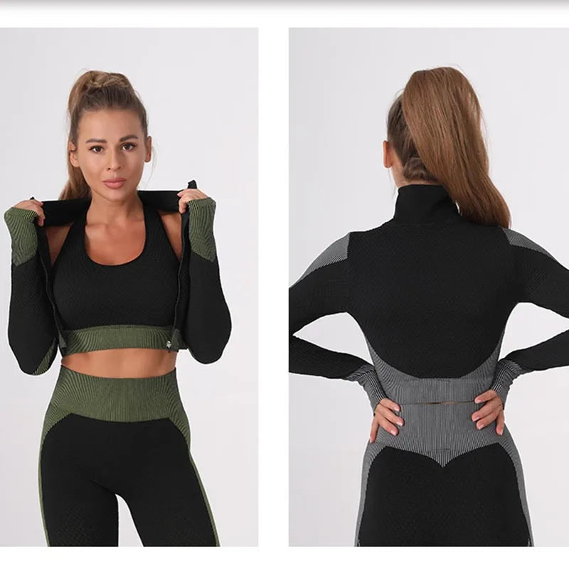 Summer Women's Yoga Sets Seamless Sports and Fitness Suit Tight Fast-drying Waist Closing Yoga Clothing Three-piece Set