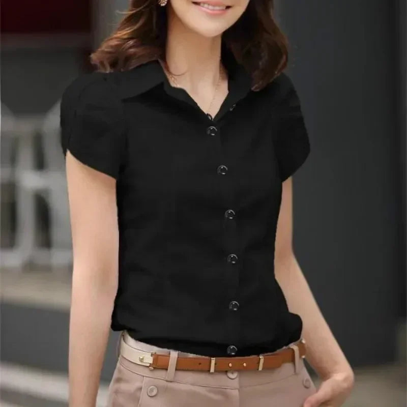 Women's Shirt 2026 Summer Women Top Female Black White Shirts Office Ladies Blouse OL Clothes Woman Short Sleeve Workwear