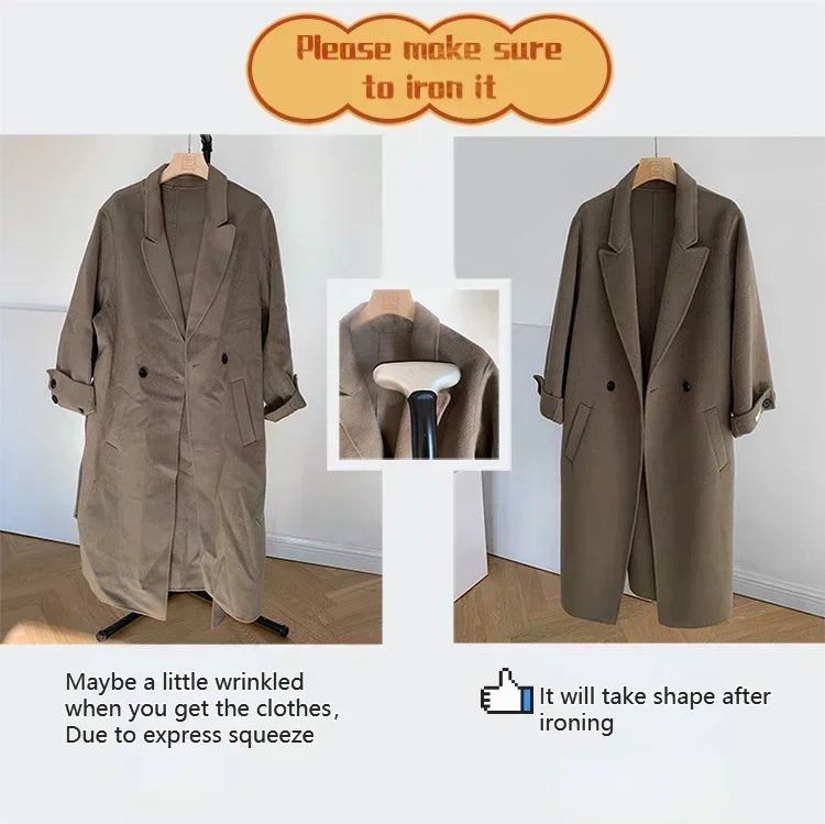 Women's Wool Coat with Fur Cuffs Minimalist Soft Wool High Fashion Belted Winter Fur Trim Coat Old Money Style Natural Fur Coat