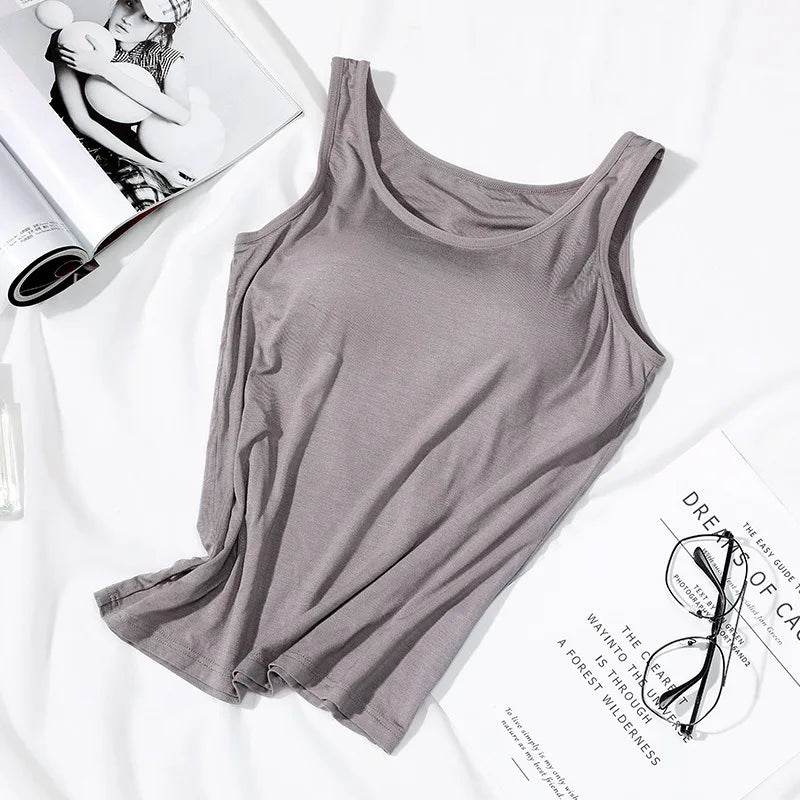 Women's Vest Tops With Built In Padded Bra Vest Slim Fit Tank Tops Sexy Shirts Feminino Casual Underlay Slimming Lingerie Top