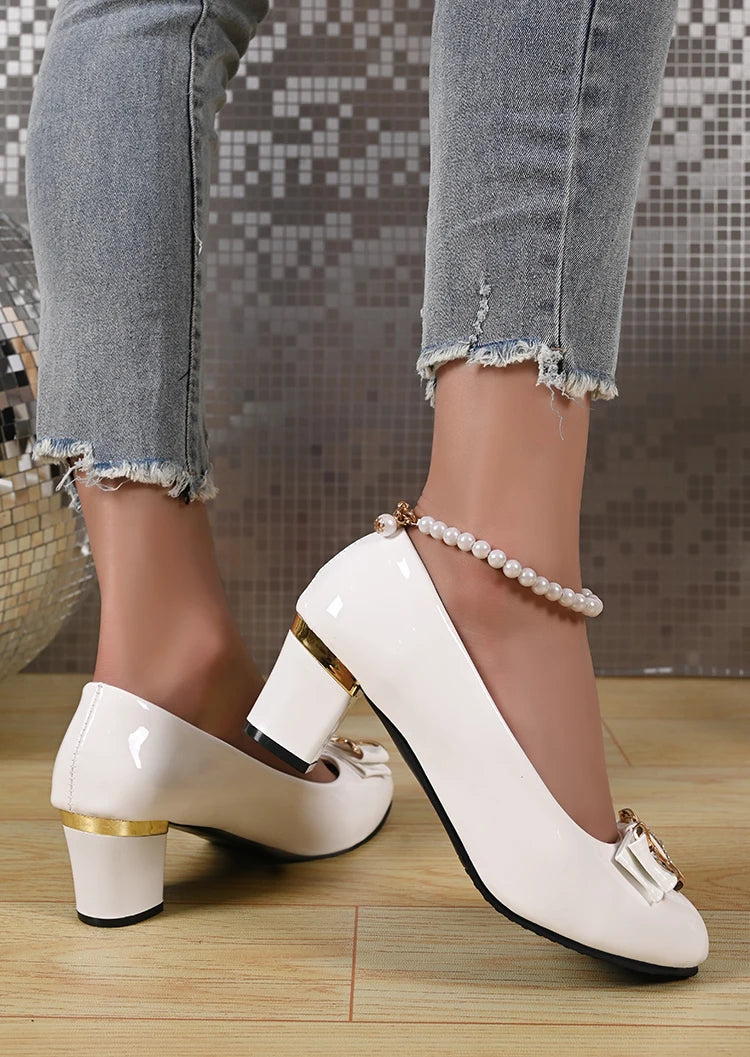 Women High Heels Low Heels Fashion Bling Bow patent leather Professional Casual Pumps Woman Wedding Party Shoes Large Size 42