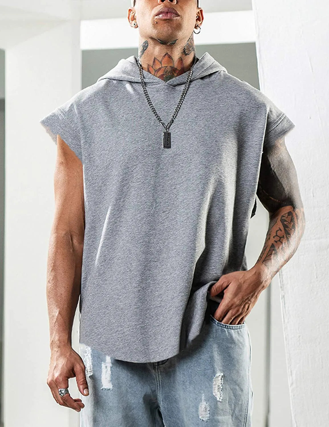 2026 Men Tank Top  Fitness Training Pullover Leisure Fashion Sleeve Men's Hooded Vest Solid Color Tank Tops For Male