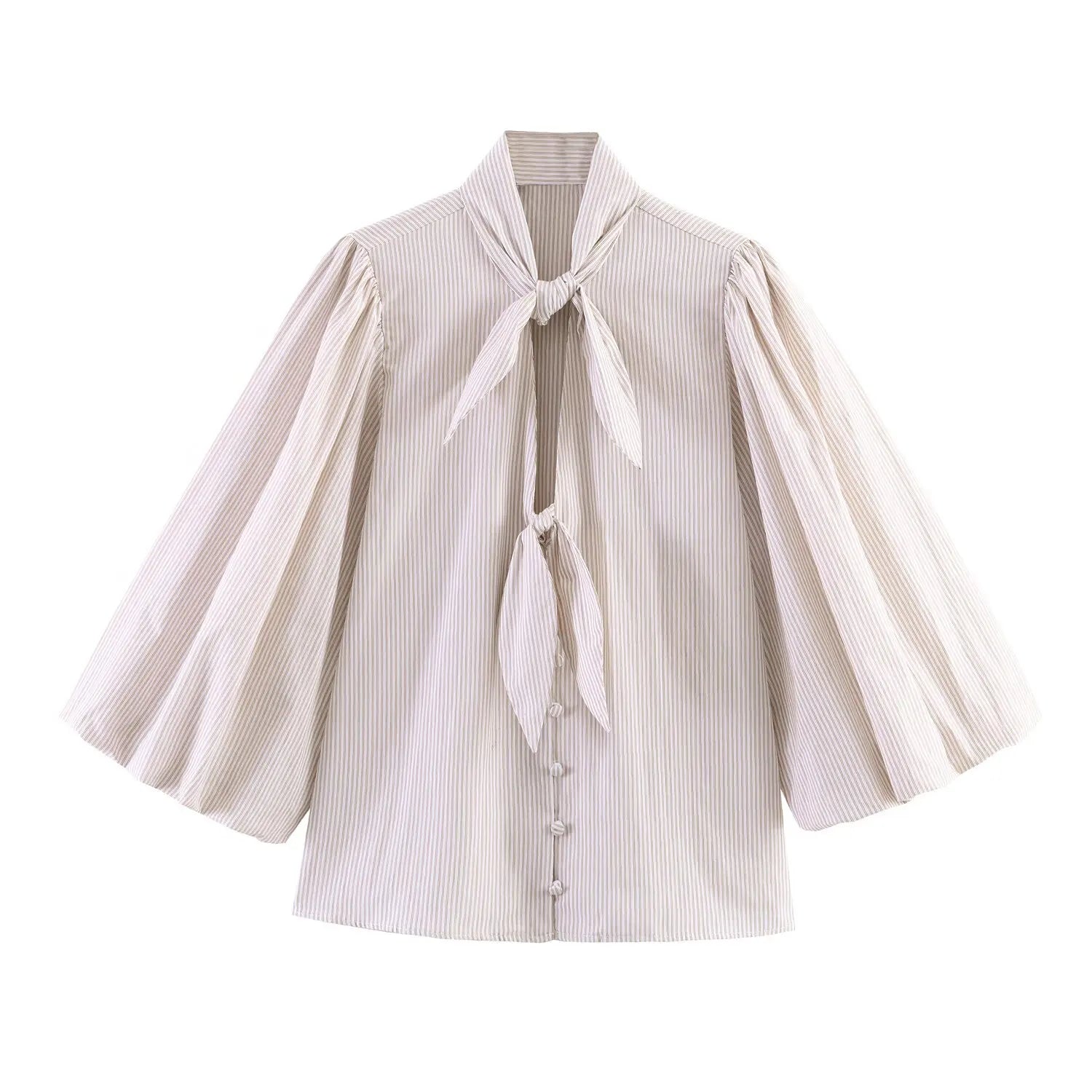 HH Women Elegant Striped Casual Spring Shirt Puff Sleeves Bow Decoration Blouse Female Loose Versatile Single-breasted Blouse