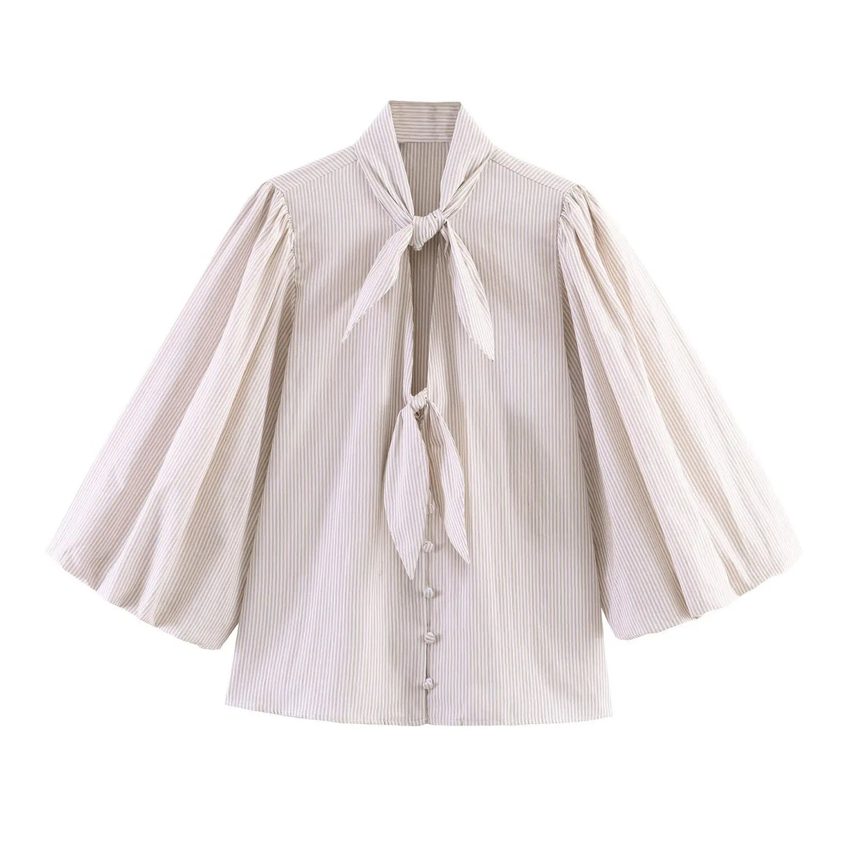 HH Women Elegant Striped Casual Spring Shirt Puff Sleeves Bow Decoration Blouse Female Loose Versatile Single-breasted Blouse