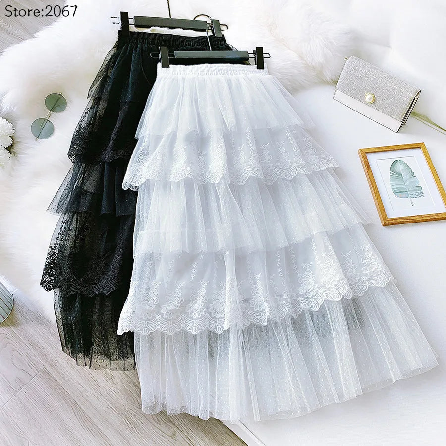 Women Skirts Cake-Style Skirt Spring Summer Fashion Lace Skirts Ladies High-Waisted Slimming Long Lace Skirt Elegant Tulle Skirt