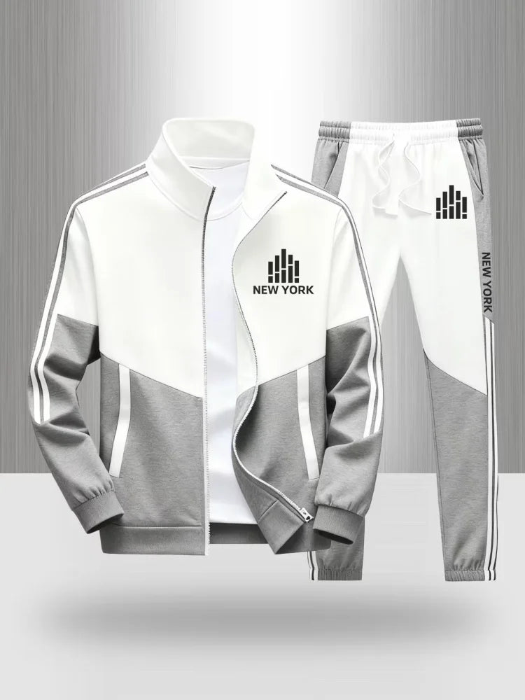 Tracksuit Men's New York Print 2 Piece Set Sportswear Color Block Zip Up Jacket and Jogger Pants Casual Striped Athletic Outfit