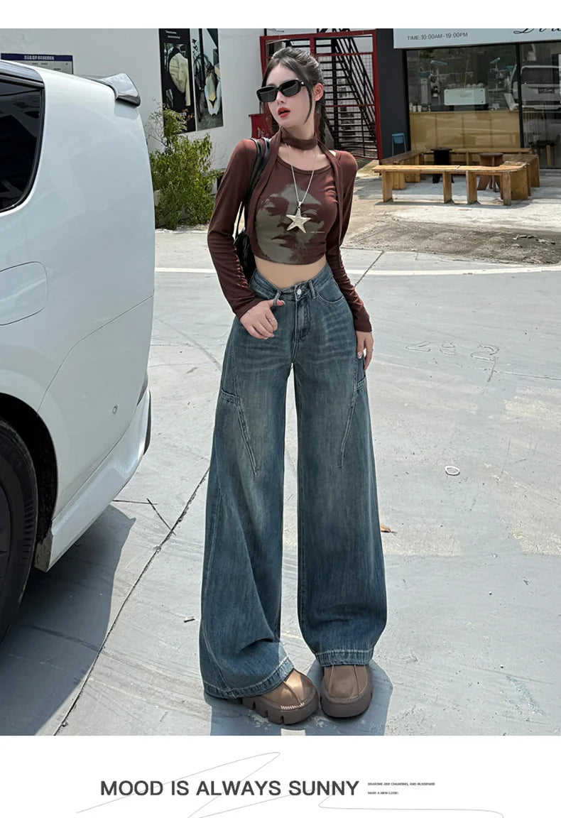 High Waisted Wide Leg Jeans Women Cotton Retro Denim Y2k Loose Fashion Design Sense Pant Streetwear Baggy Straight Trouser Woman