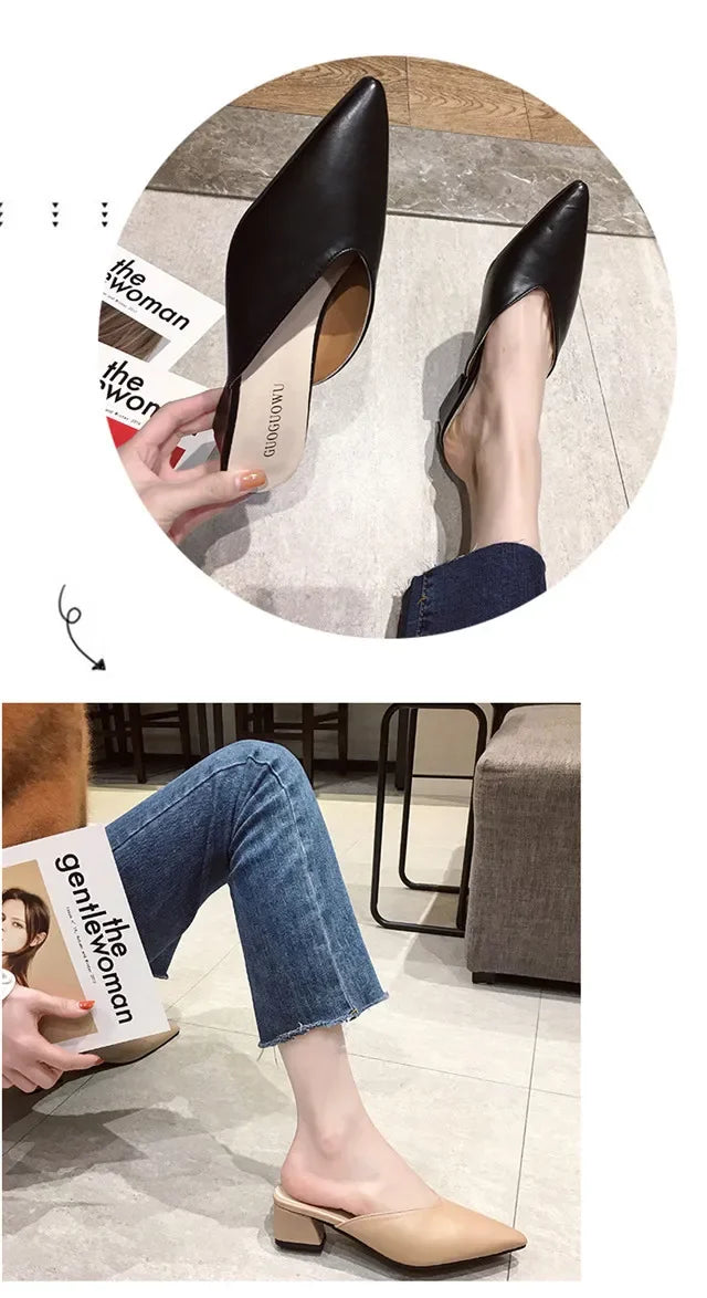 Women High Heels Slippers  Baotou Women Shoes Sexy Pointed Toe Chunky Heels Mules Outdoor Walking Slides Chaussure Femme 2024
