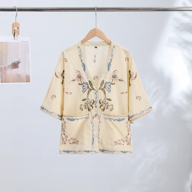 Casual Print Top Shorts Women Set Holidays V-neck Long Flare Sleeve Blouse Wide Leg Short Pants 2026 Summer Autumn Lady Outfit