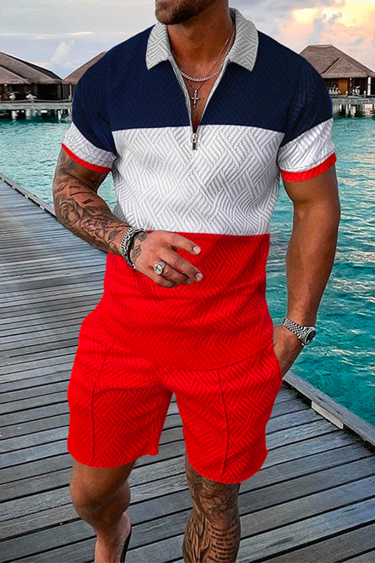 Summer Men's Tracksuit Short Sleeve Polo Shirt Set Fashion Luxury Chain Print Clothing 2 Pieces Casual Suit Streetwear Outfit