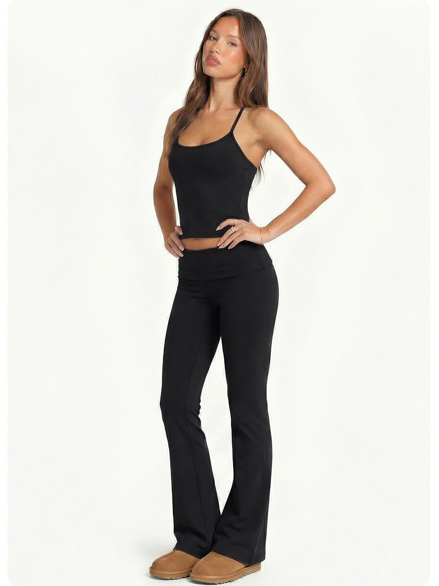 2 Piece Yoga Set Women Foldover Waist Flare Pants Bell Bottoms Tank Top Matching Set Gym Workout Fitness Wear Lounge Wear Suit