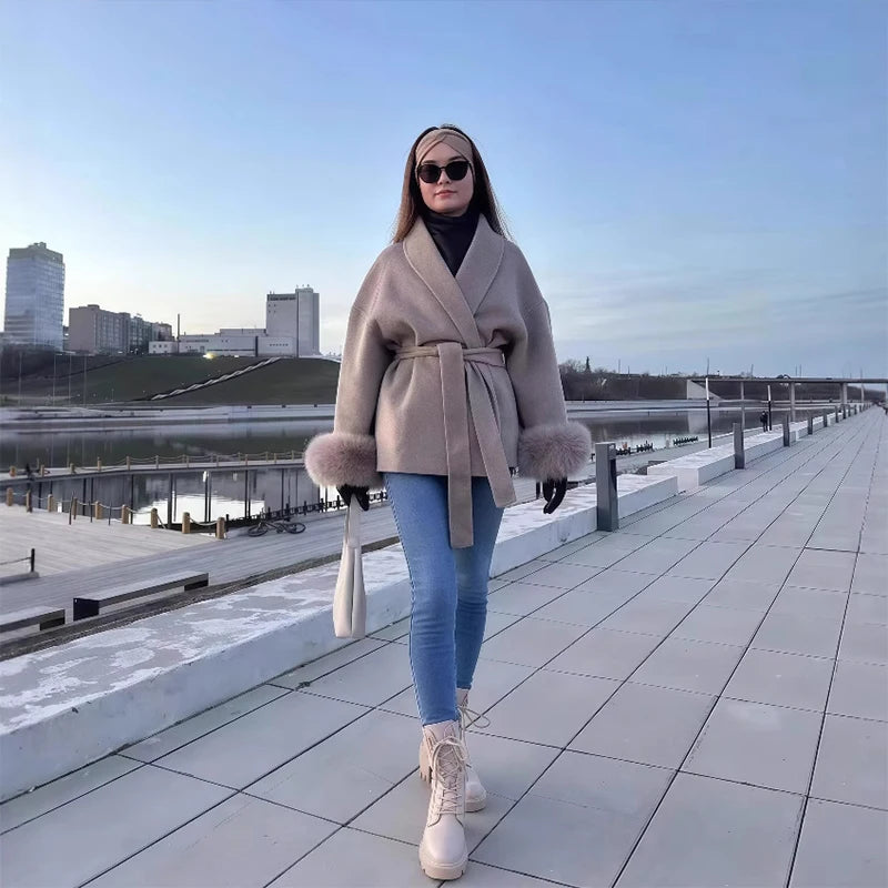 Elegant Women's Lace Up Woolen Coats Solid Full Sleeve Turn-down Collar Loose Lady Coats 2025 Autumn Winter Female Streetwear