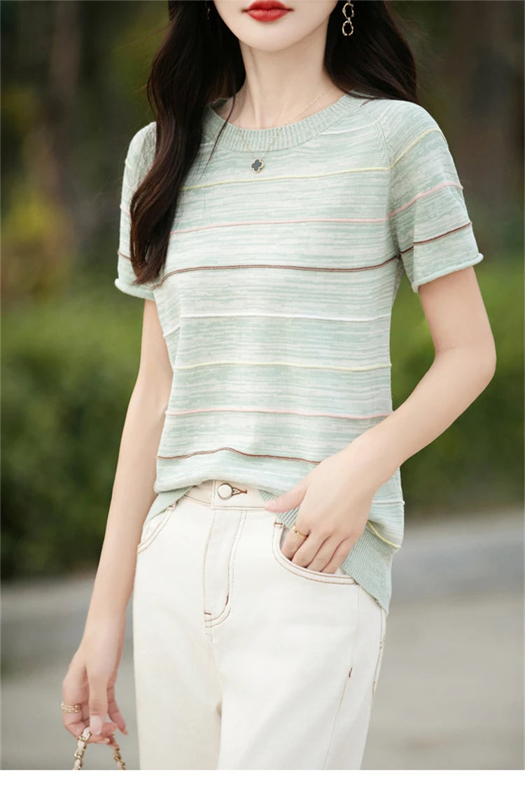 Women's T-shirts Summer New 100% Cotton Short Sleeve Casual Striped Knit Blouse Round Neck Tops Loose Pullover Tees