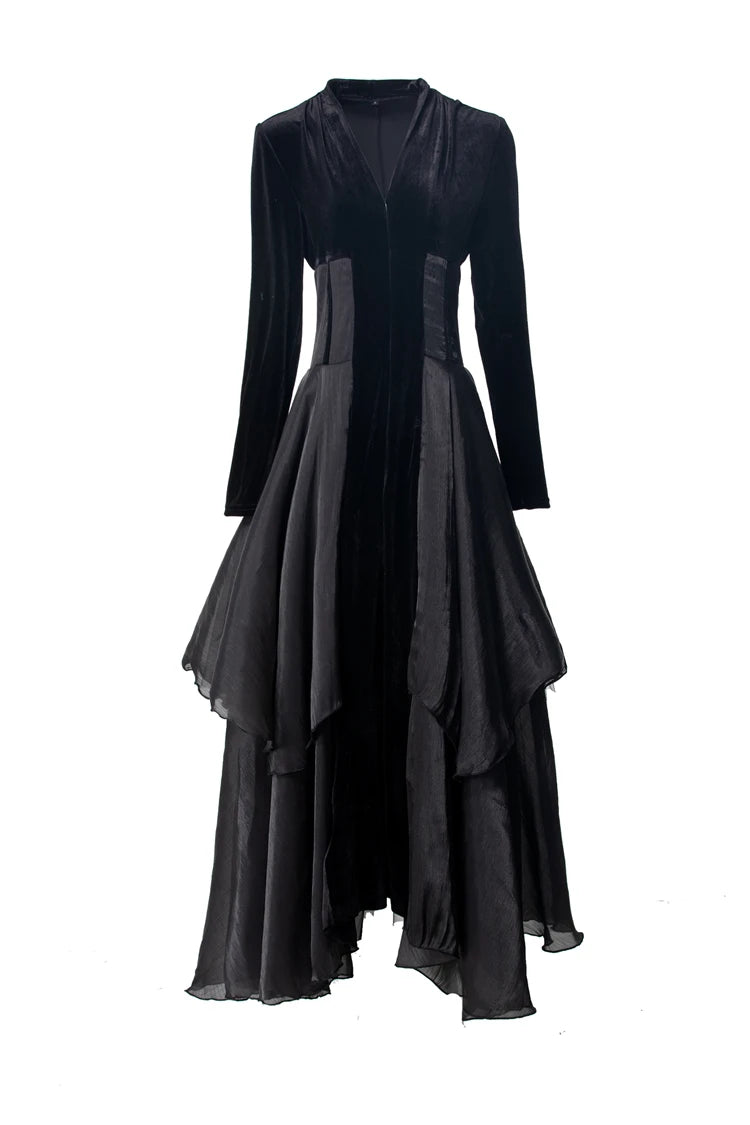 Velvet Ruffle V-Neck Evening Dress