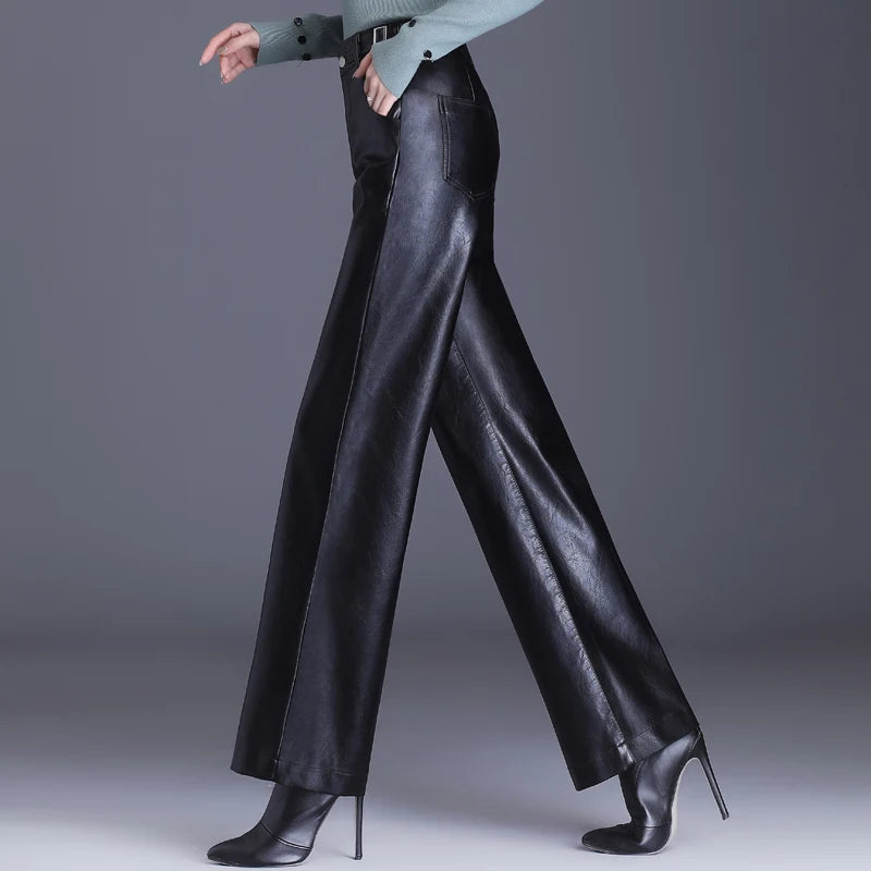 Wide Leg PU Leather Pants