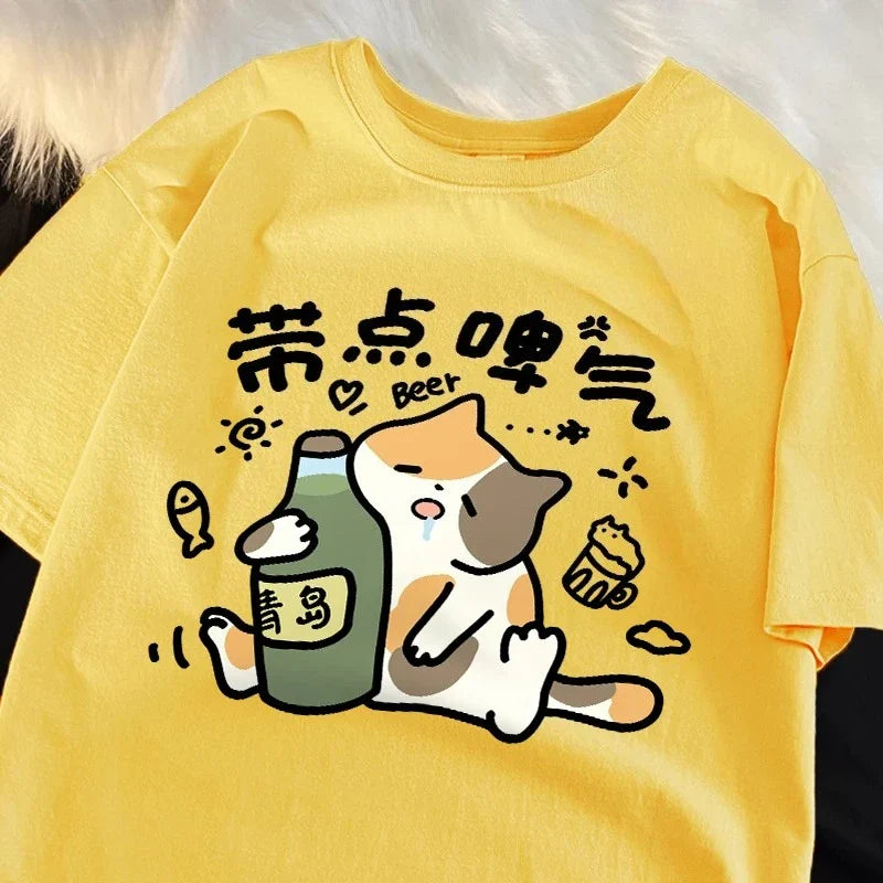 Drunken Cat Cartoon Casual Tee