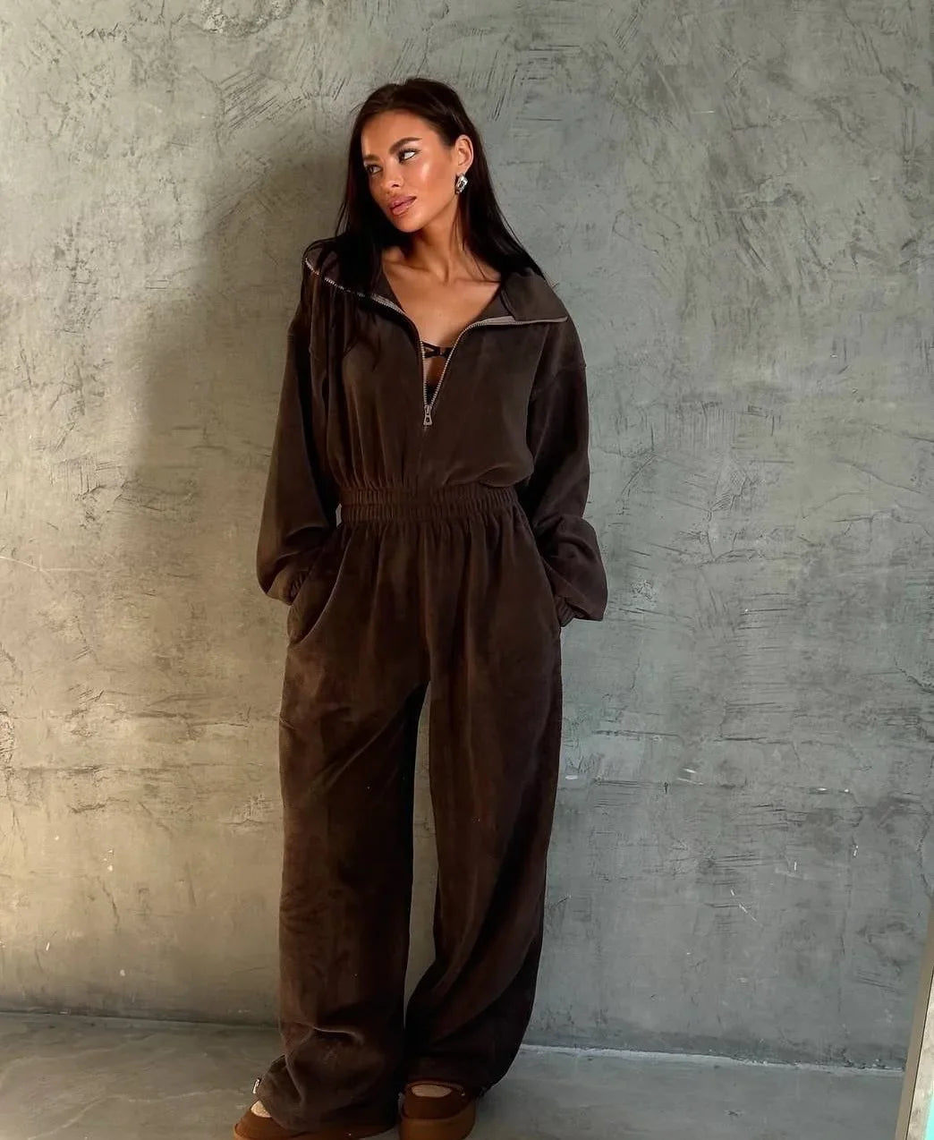 Jumpsuit Women 2026 New Fashionable Long Sleeved Jumpsuit for Women's Casual Half Open Collar Elastic Waist Jumpsuit