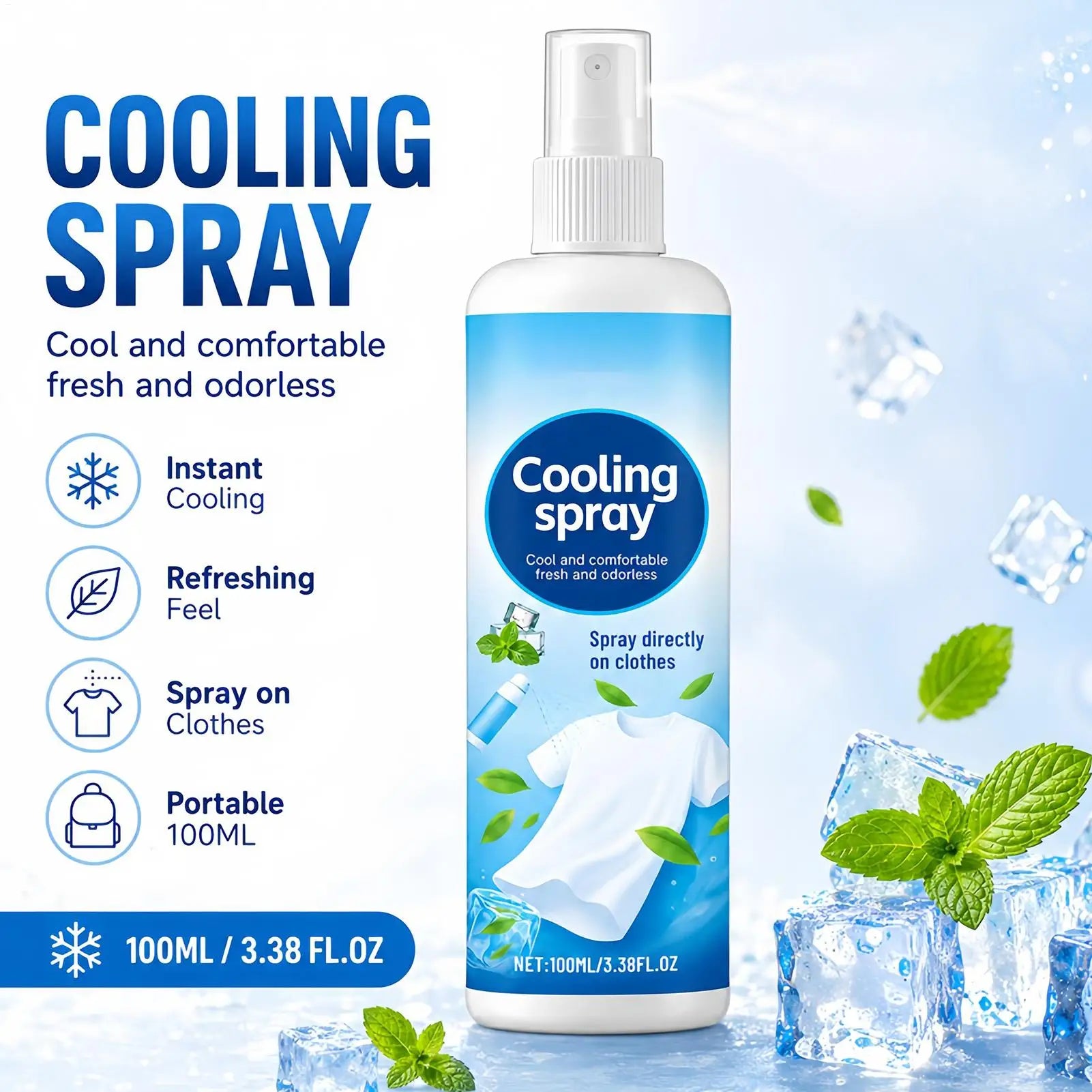 Effective Portable Cooling Spray 100ml Long Lasting Hydrating Body Mist for Summer Outdoor Sports Gym Travel Soothing Skin Face