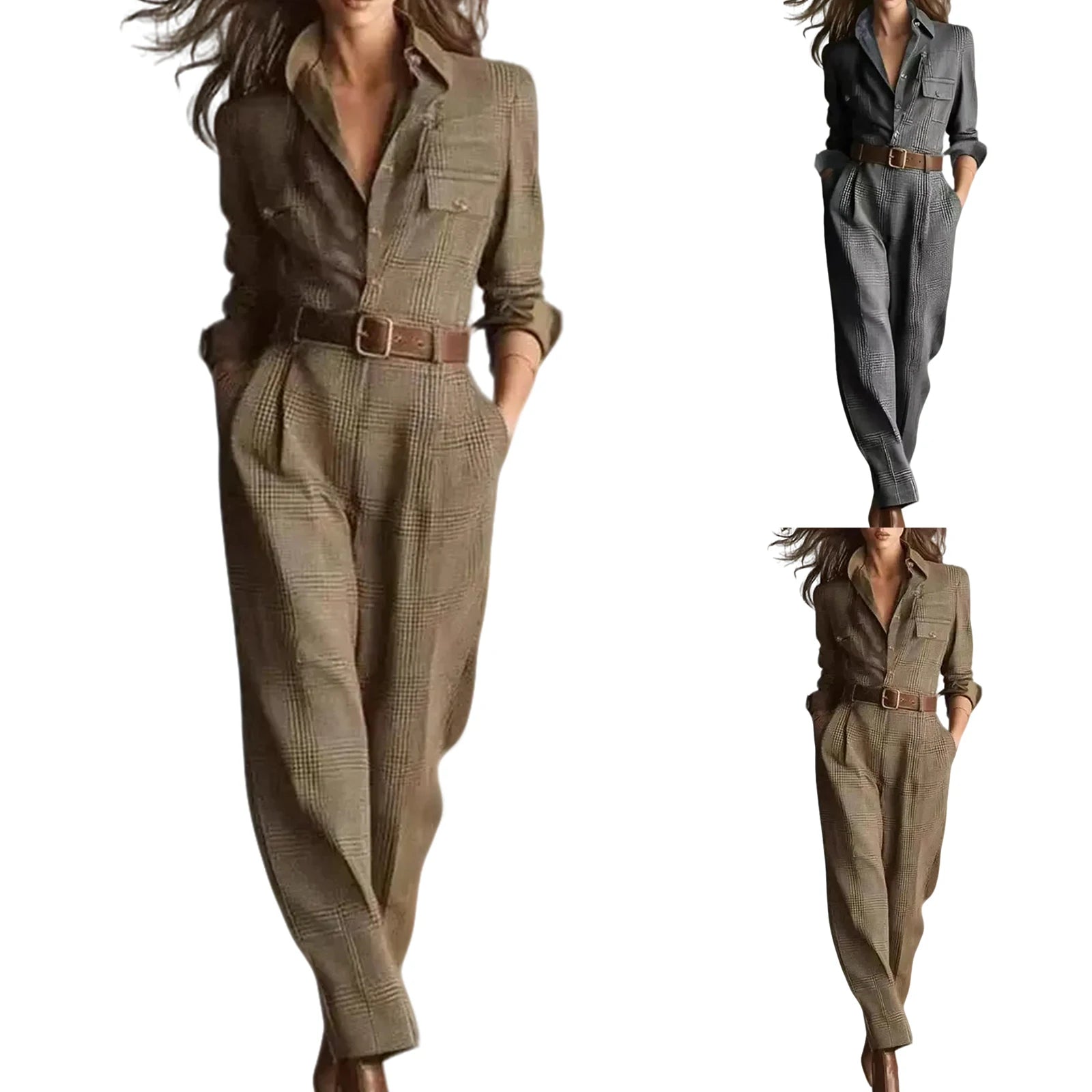 Beige Plaid Belted Shirt Jumpsuit