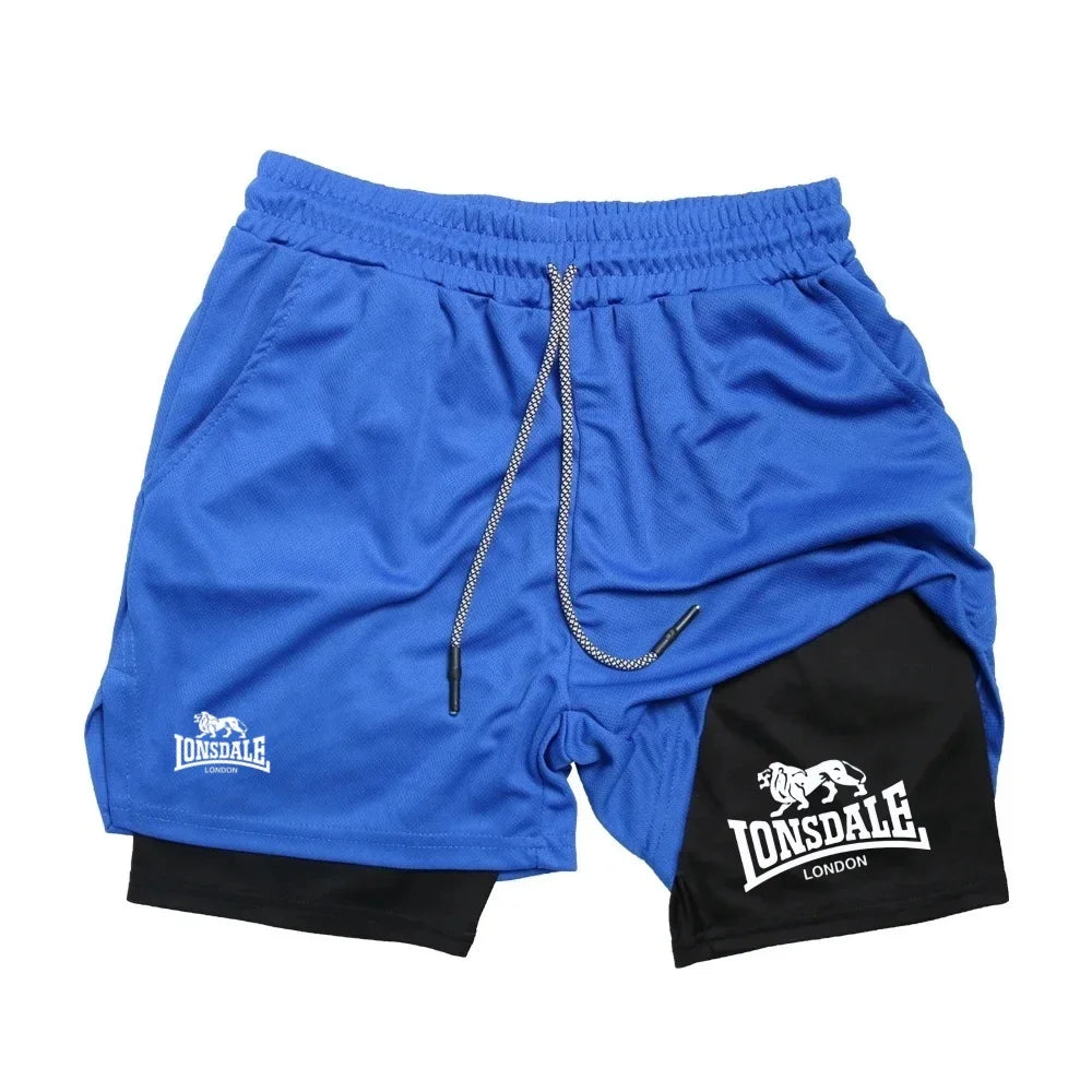 Print 2in1 Running Shorts for Men Gym Workout Compression Shorts with Phone Pocket Towel Loop Summer Sport Athletic Activewear