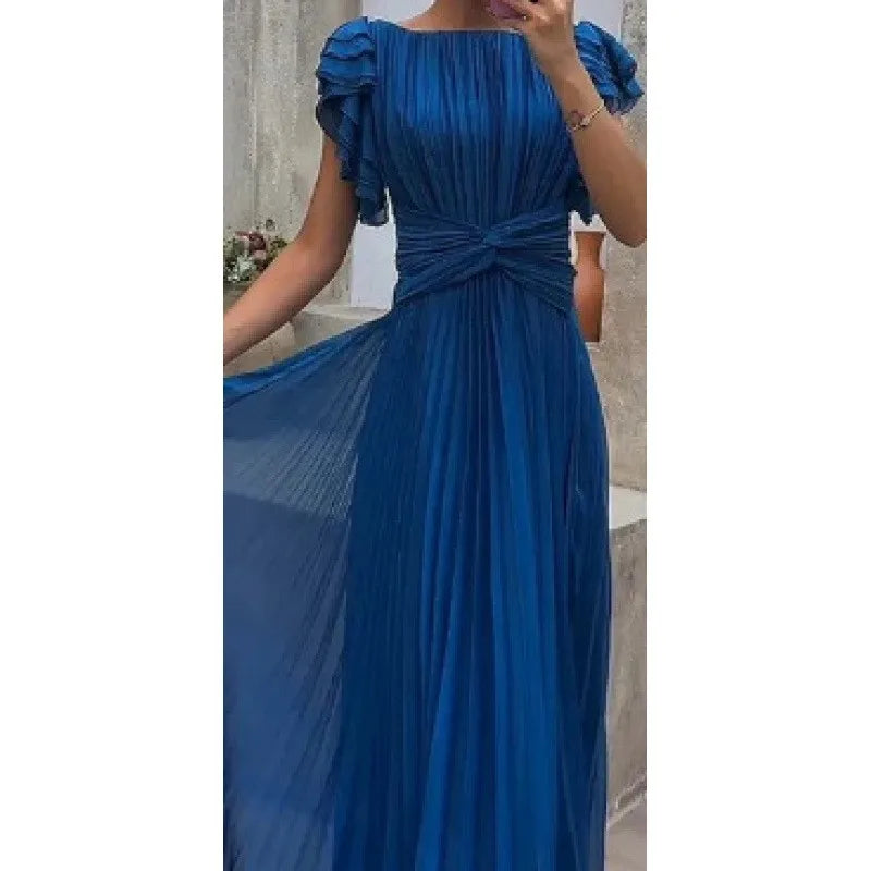 Wedding Guest Dress Elegant Party Long A Line Cap Sleeve Dresses Evening Pleated Off Shoulder Maxi Dress Fuchsia Pink Solid