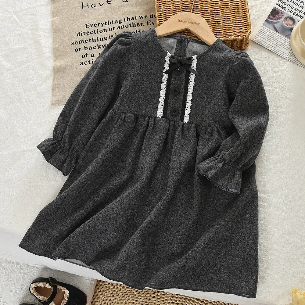 Simple Bow Long Sleeve Girls Dress