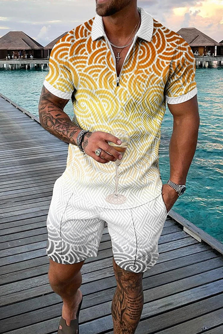 Summer Men's Tracksuit Short Sleeve Polo Shirt Set Fashion Luxury Chain Print Clothing 2 Pieces Casual Suit Streetwear Outfit