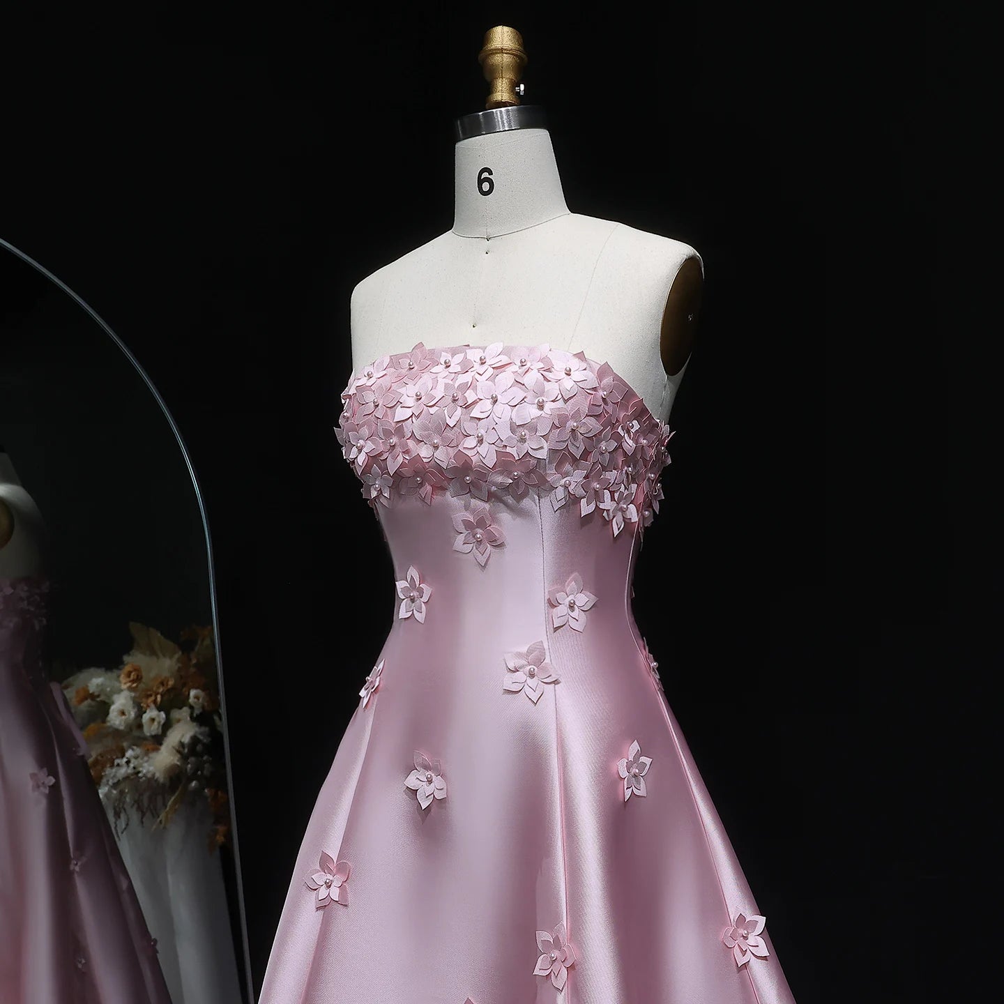 Pink Floral Strapless Evening Gown