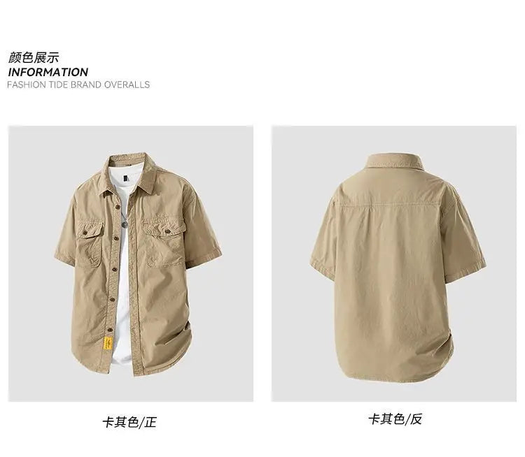 Workwear shirt for men summer loose and casual short-sleeved men American retro lapel coat trendy brand outdoor wear