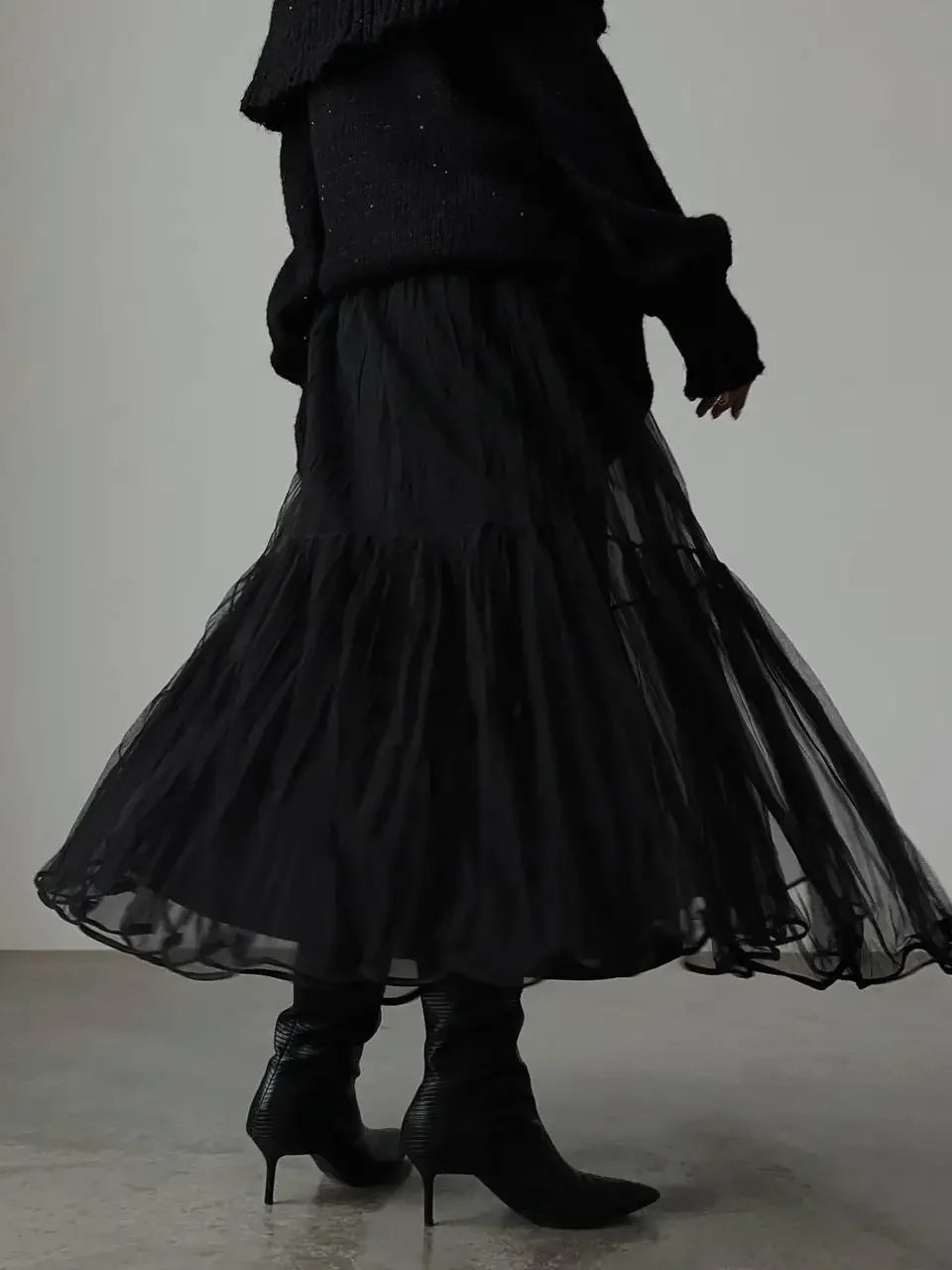 Pleated Lace Cake Midi Skirt