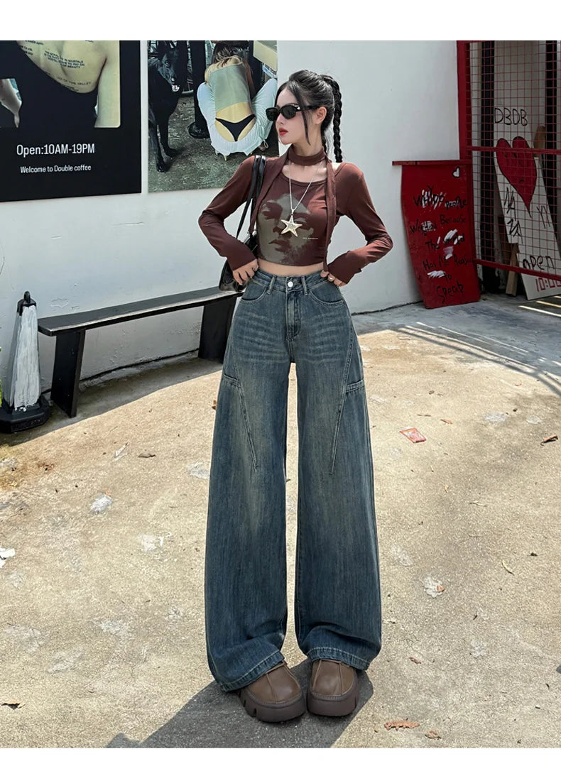 High Waisted Wide Leg Jeans Women Cotton Retro Denim Y2k Loose Fashion Design Sense Pant Streetwear Baggy Straight Trouser Woman