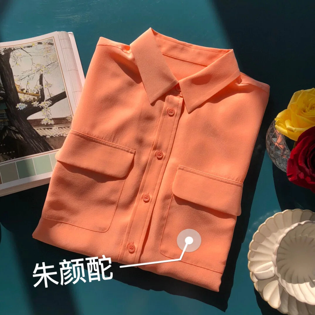 Women Real Silk Shirts Classic Double Pockets Solid Color Casual Fashion Long Sleeve Thin Shirt Blouses Tees