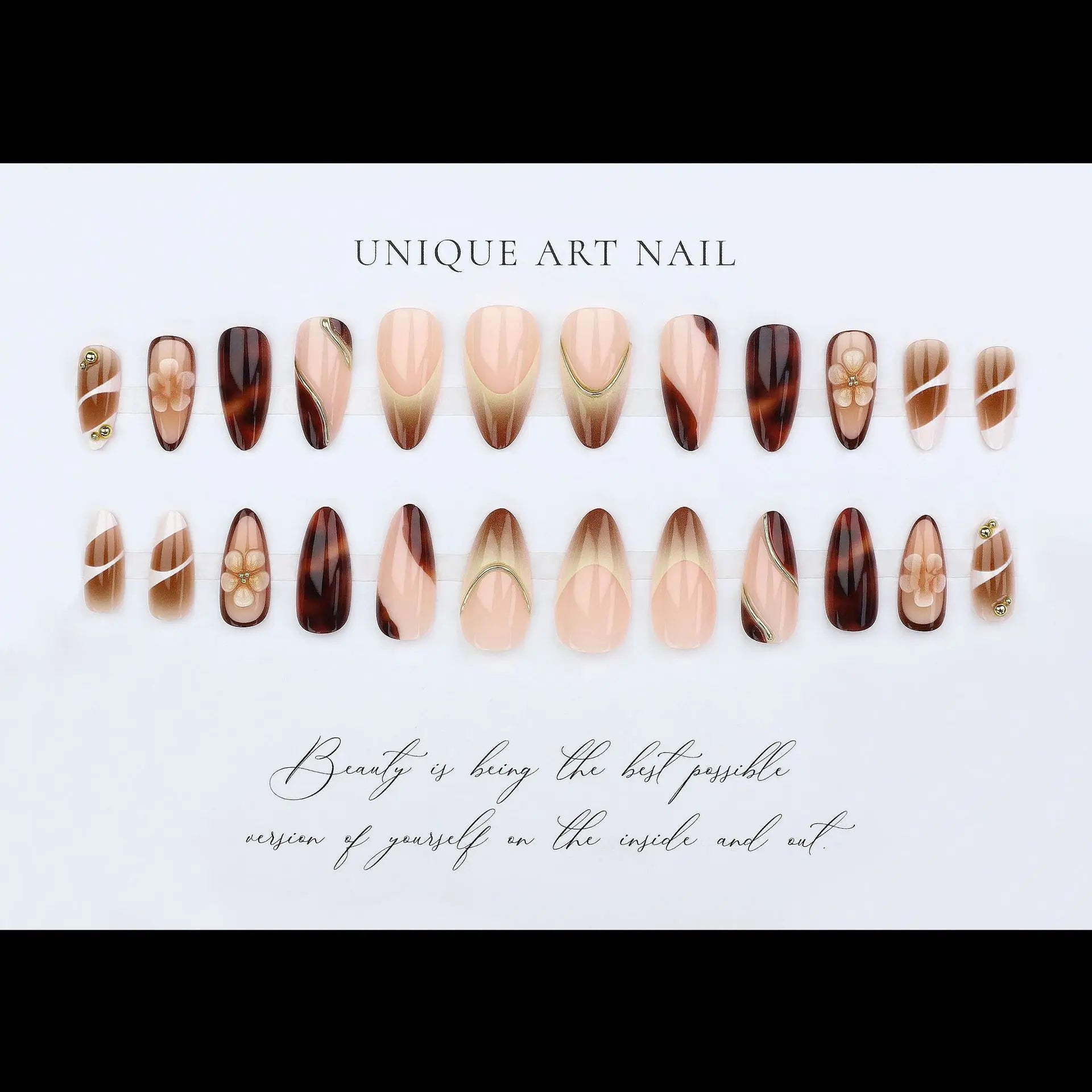 Medium fake nails for women Gradient nude brown blue flowers or rhinestones fall winter almond tips press on false nail art set