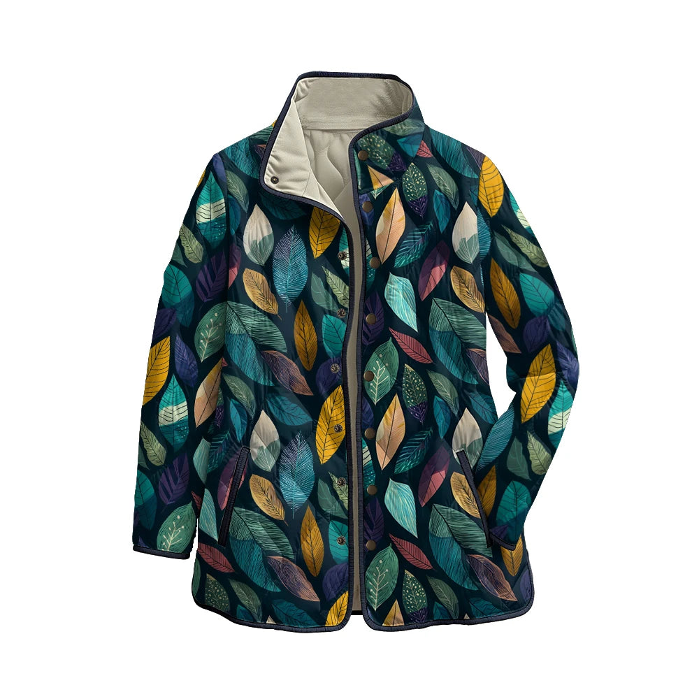Quilted Leaf Print Winter Jacket