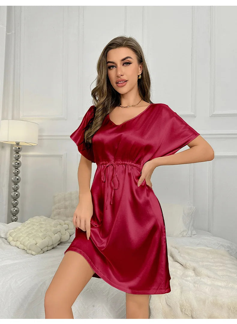 V-Neck Nightdress Loungewear Women Sleepwear Morning Gown Lingerie Sleepdress Robe Summer Nightgown Silky Satin Home Dress
