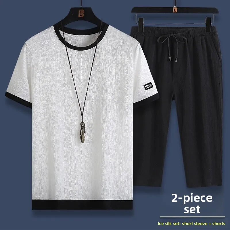 Casual Ice Silk Sports Suit Men's Summer Thin Short Sleeve Shorts Trendy Clothes Handsome Match One Set of Youth Clothing