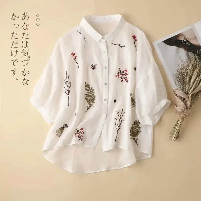 Embroidered Cotton Linen Casual Shirt