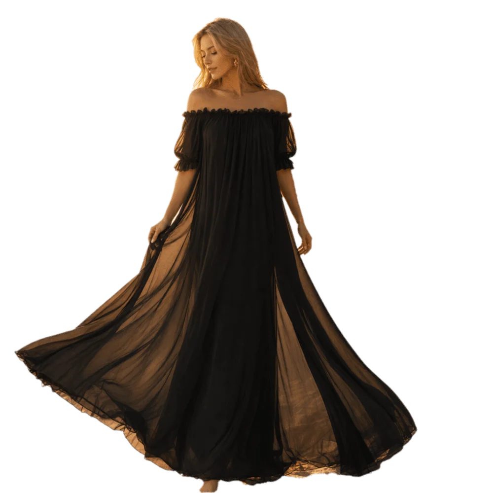 Home Dress Off Shoulder Sheer Nightgown V-neck Ruffle Mesh Nightdress Transparent Short Sleeve Long Sleeping Dress Sleep