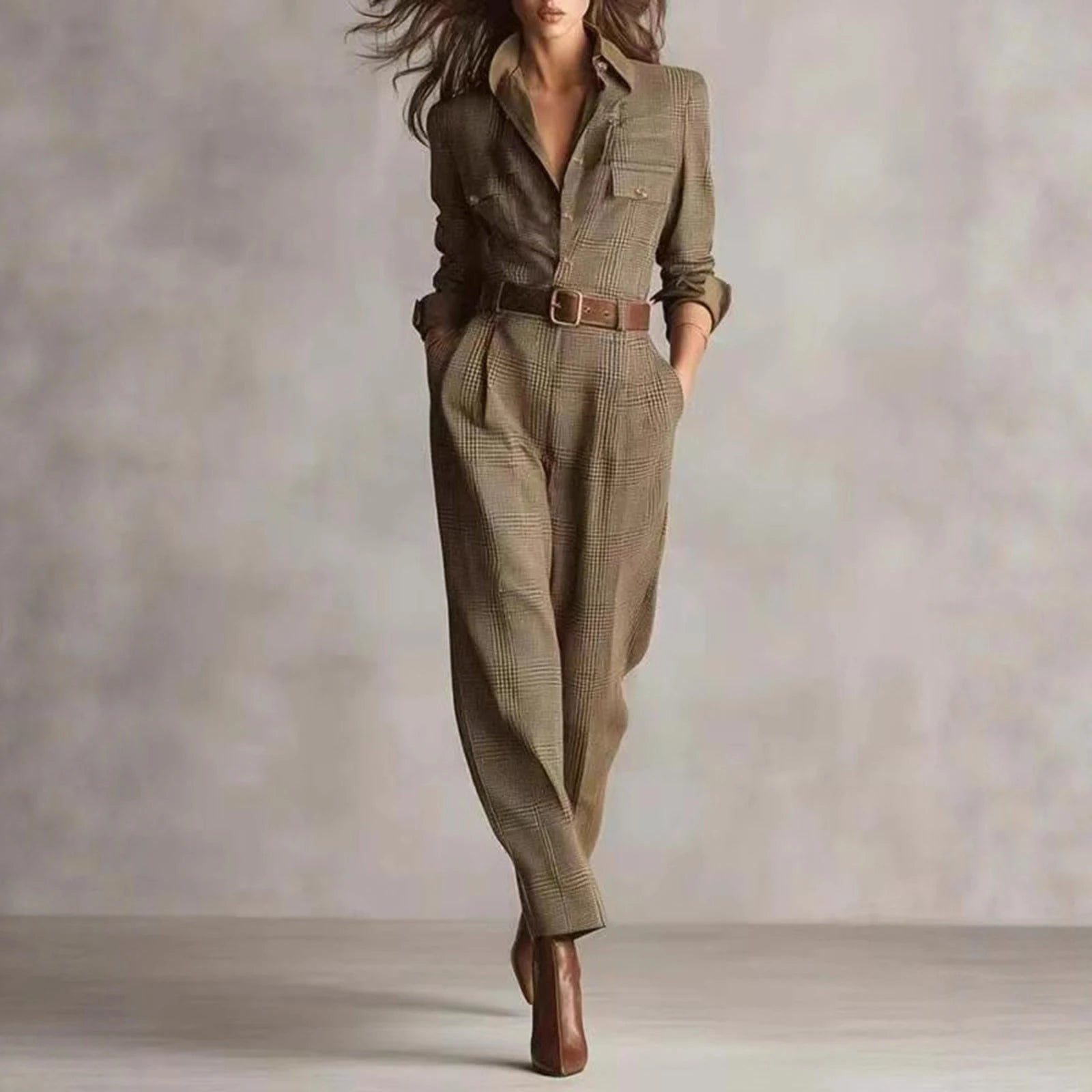 Beige Plaid Belted Shirt Jumpsuit