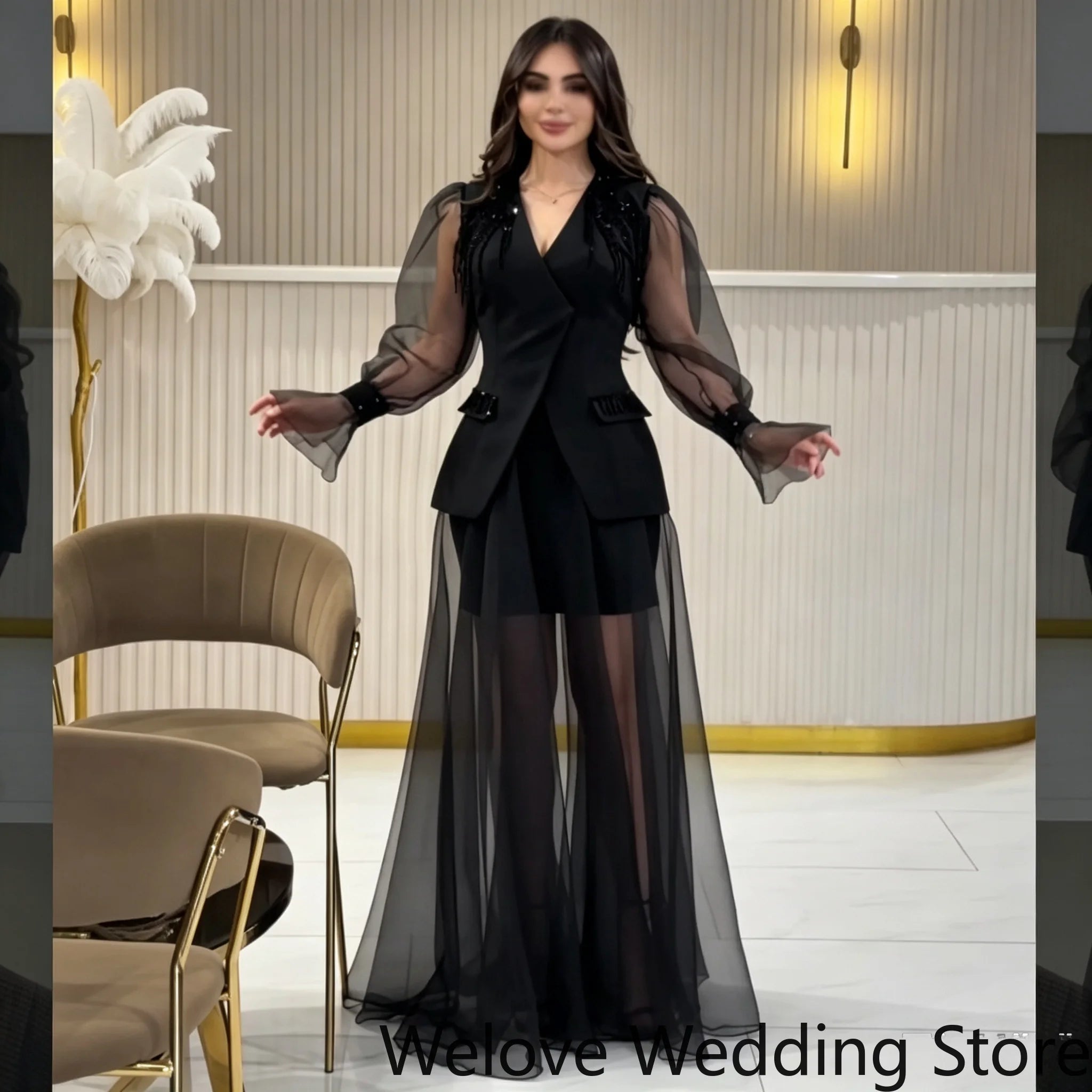 Black Evening Dress For Women V‑Neck Tulle Puff Long Sleeve Shoulder Beaded Embellishment Short Inner Dress Flowy Long Sheer