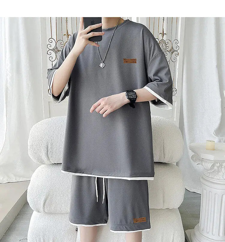 Men's Trendy 2-Piece Streetwear Co-ord Solid Color Short Sleeve T-Shirt And Drawstring Elastic Waist Shorts Set 5XL
