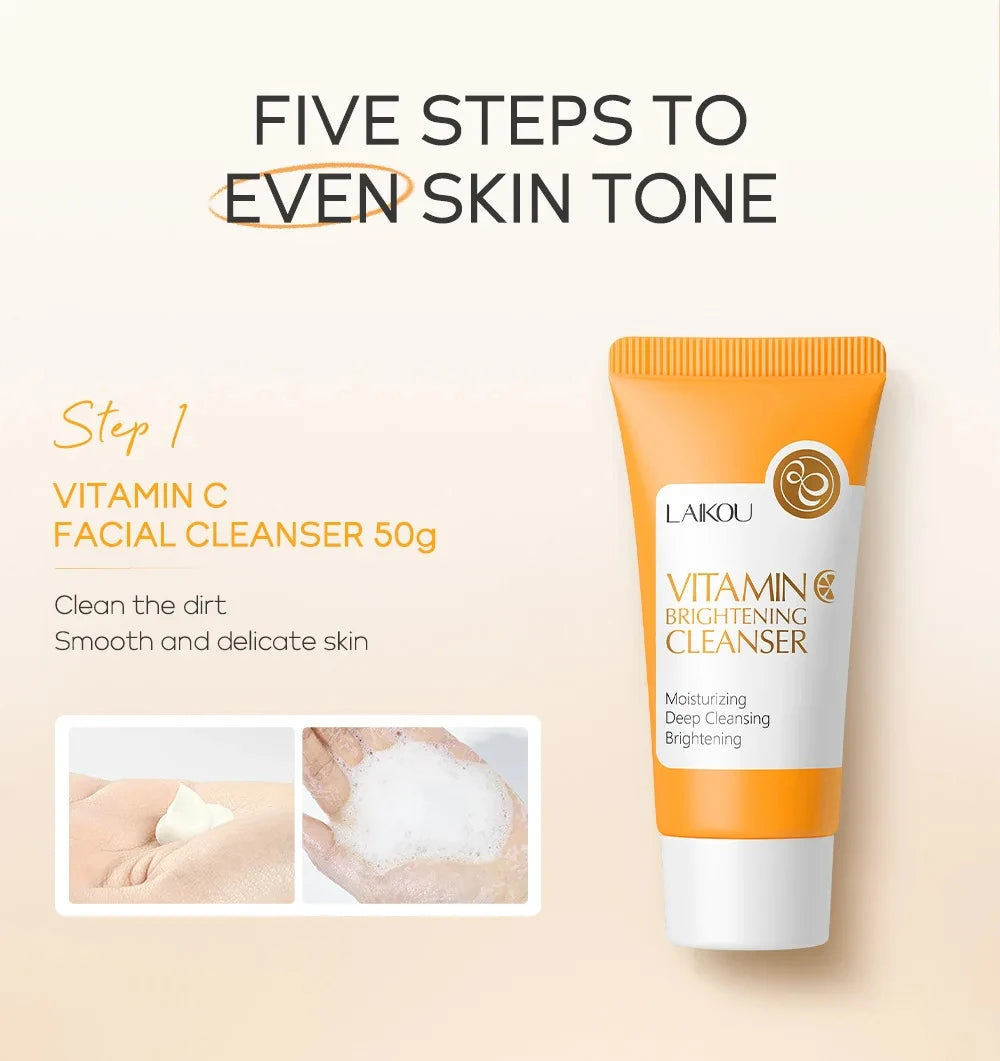 Vitamin C Skincare Set 5pcs(Cleanser-Toner-Serum-Eye Serum-Face Cream) + Natural Antioxidant Ingredients, Nourish Even Skin Tone