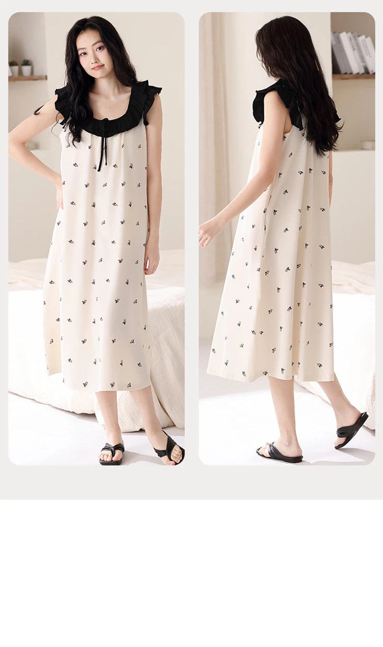Newest Women Nightdress Female 100% Cotton Nightwear Floral Short Sleeve Sleepdress With Chest Pad