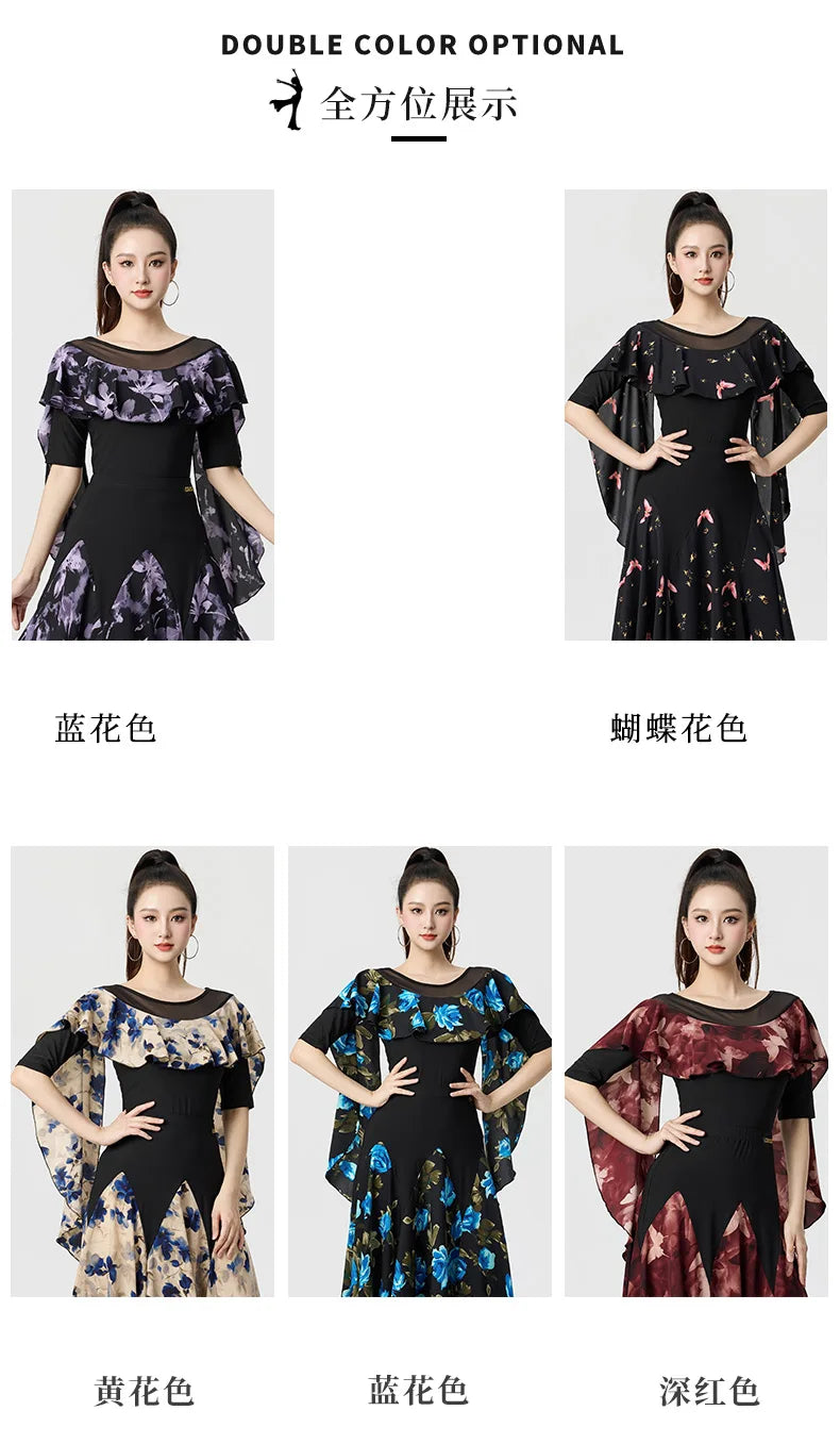 Dancewear Women Tops Summer Fashion Print Latin Line Dance Costume New Products Ballroom Dance Women Top Training Clothes Black