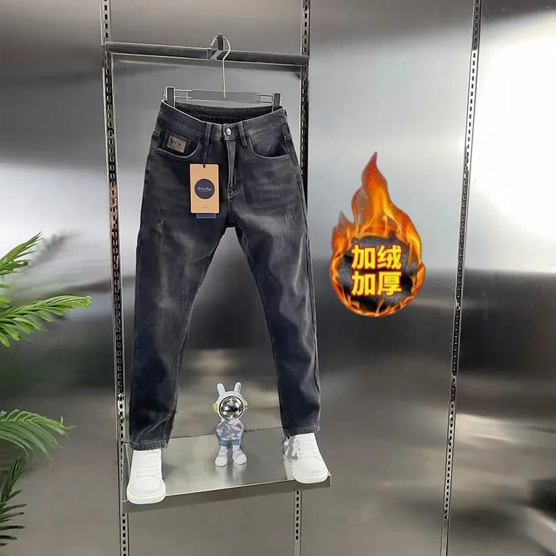 Thick Jeans Men's Slim Fit Spring Autumn Winter Casual Long Pants Cotton Stretch Denim mid Waist Zipper Closure Wear Resistant