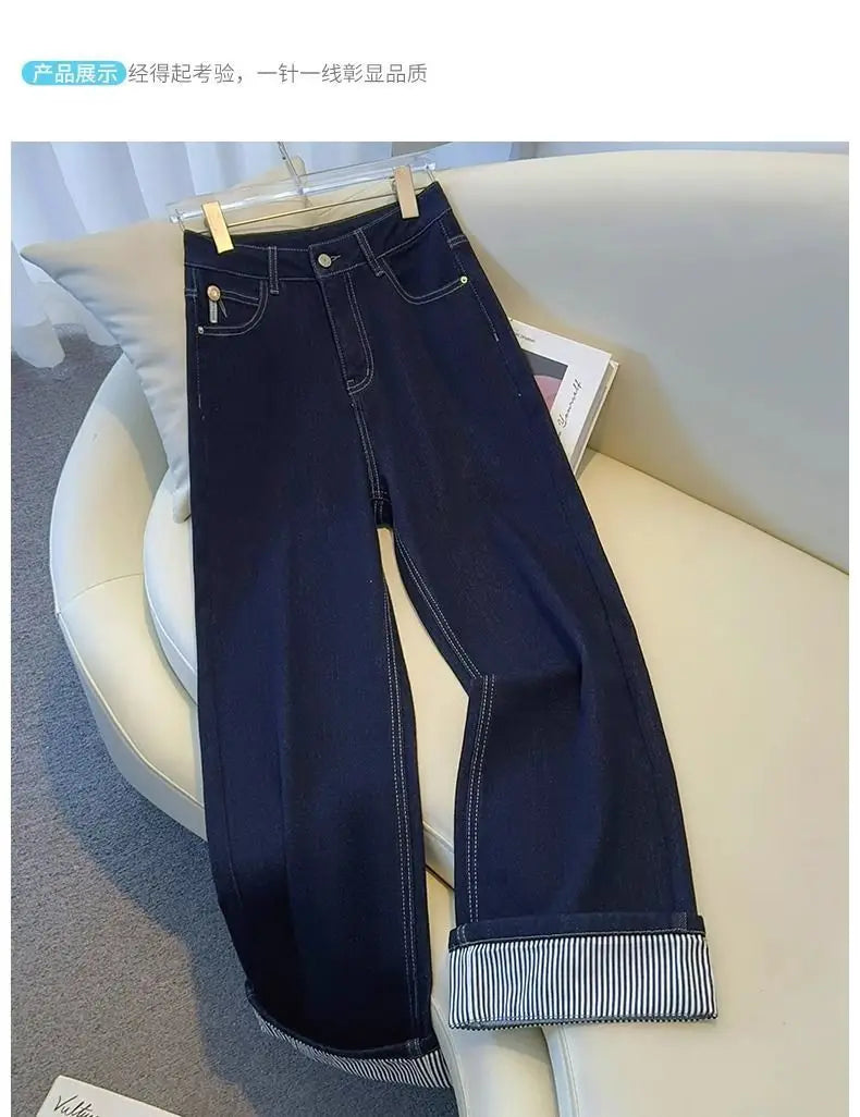 Women's Denim Jeans - Straight Leg with Striped Cuff Detail Classic Five-Pocket Design