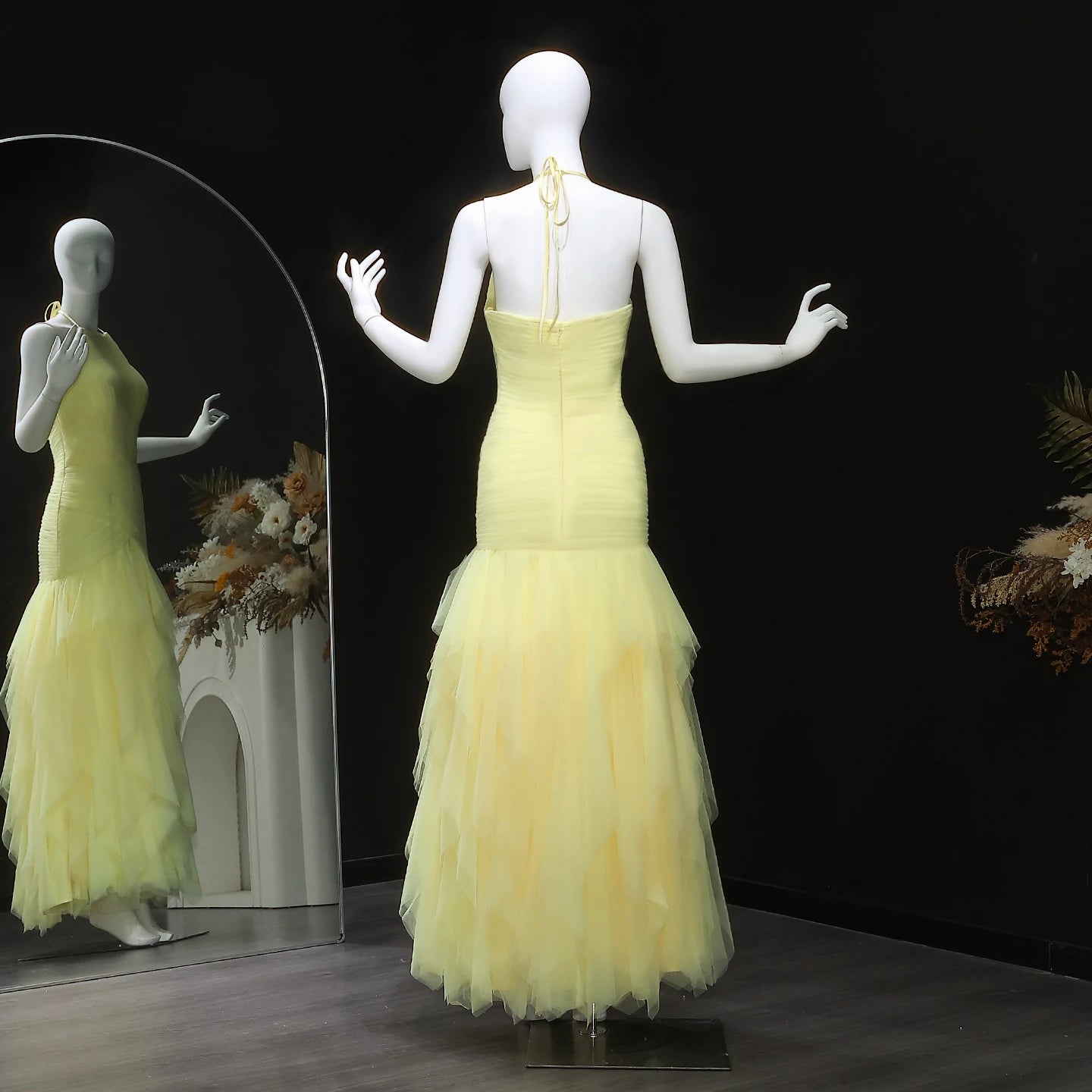 Yellow Halter Satin Evening Gown